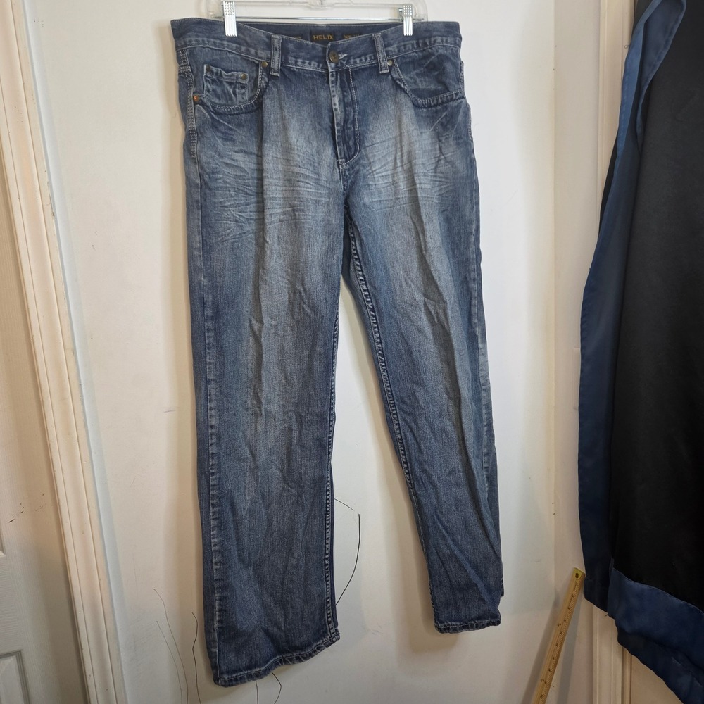 Helix Mens Relaxed Straight Leg Jeans 36x32 Blue Medium Wash Denim Cotton
